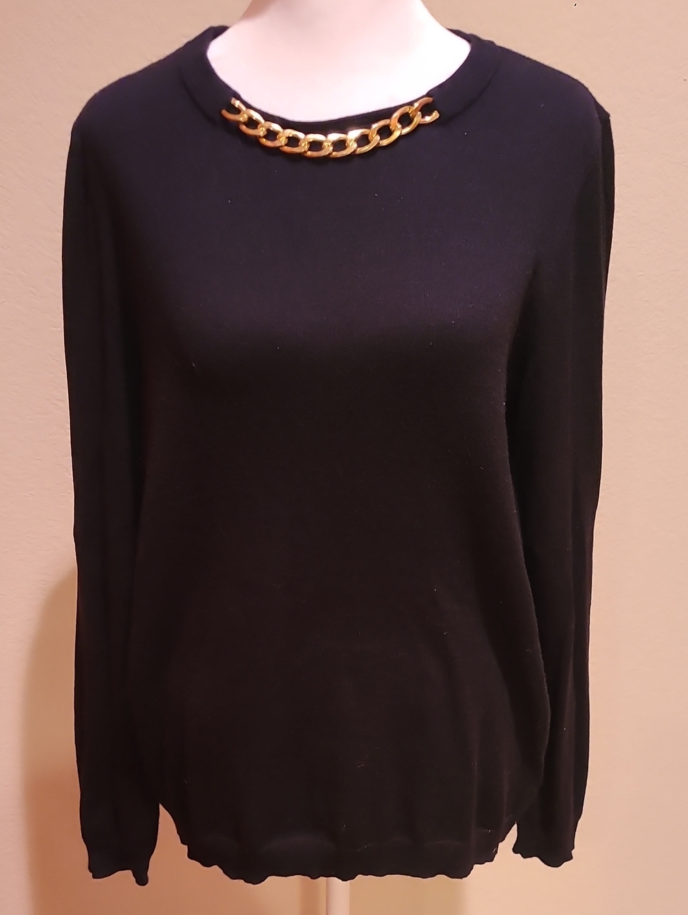Ellen Tracy Black Sweater with Gold Chain Detail Size M